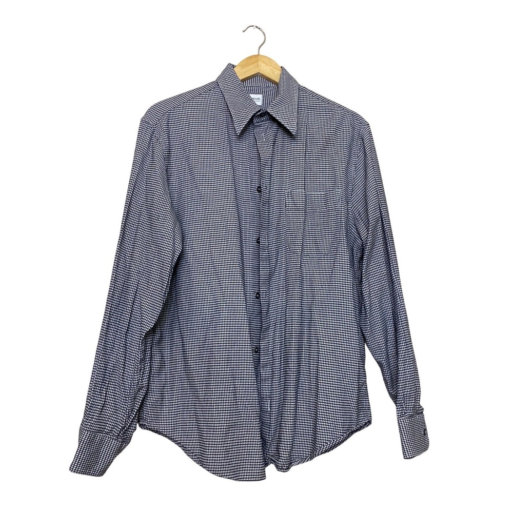 Armani Collezioni Mens Large Navy Blue White Micro Check Button Down Shirt L